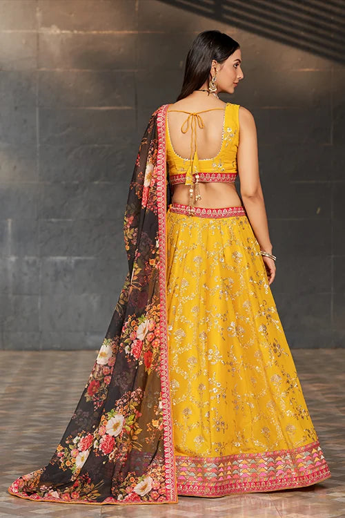 Sweet Yellow-Black Sequins Thread Work Bridal Lehenga Choli With Dupatta