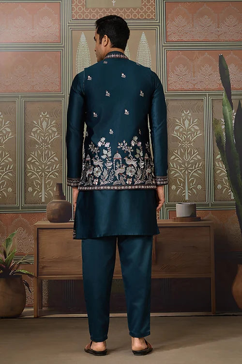 Traditional Teal Blue Koti Kurta Set for Mens Wear