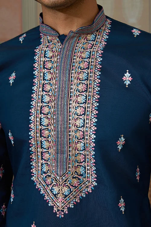 Modern Teal Blue Open Koti Kurta Set for Men