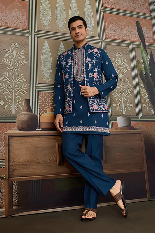 Modern Teal Blue Open Koti Kurta Set for Men