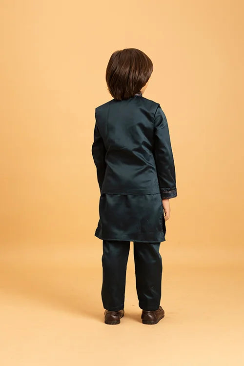 Dark Green Mirror Work Embroidered Koti Kurta for Kids Wear