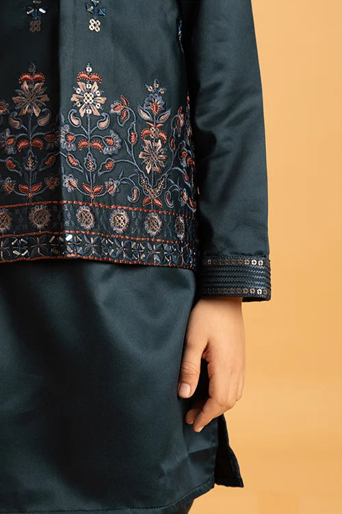 Dark Green Mirror Work Embroidered Koti Kurta for Kids Wear