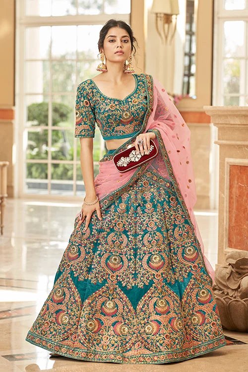 Designer Teal Velvet Lehenga with Soft Net Dupatta