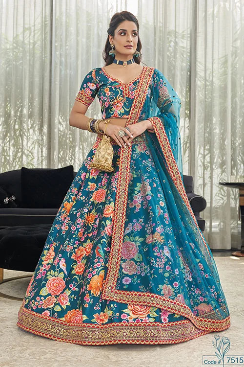 Teal Blue Art Silk Digital Print With Sequins Lehenga Choli