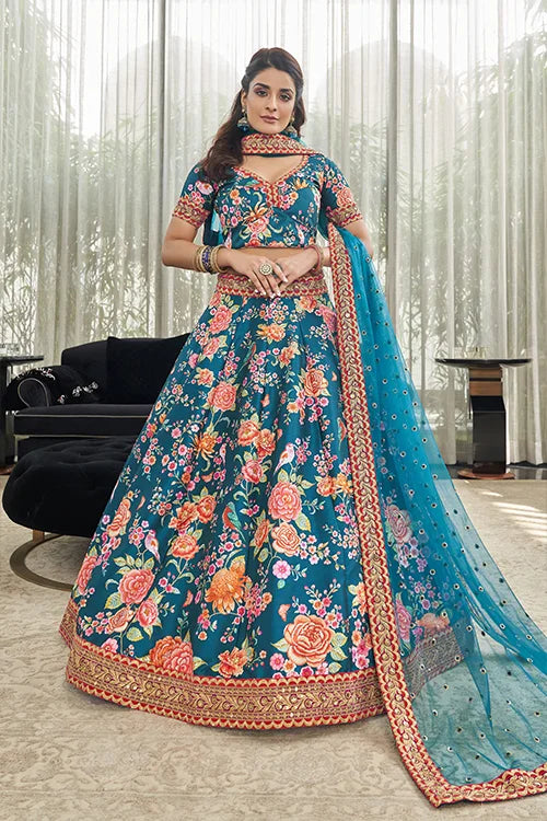 Teal Blue Art Silk Digital Print With Sequins Lehenga Choli