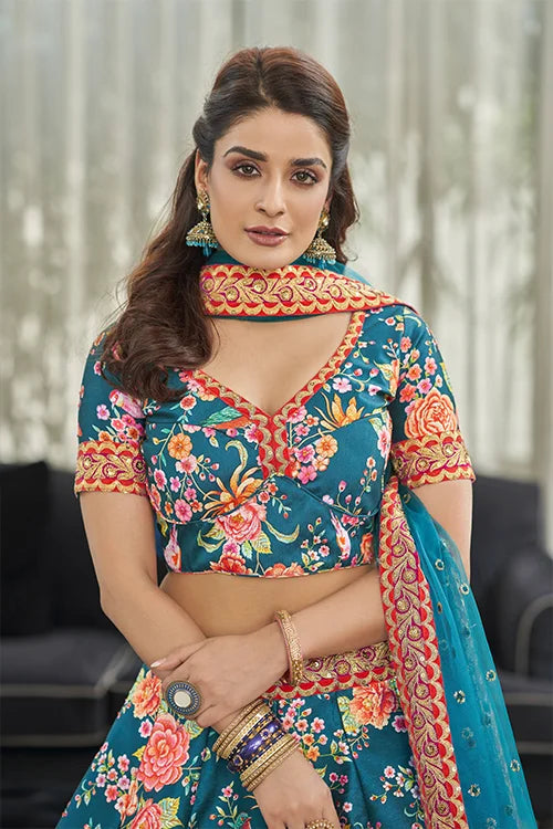 Teal Blue Art Silk Digital Print With Sequins Lehenga Choli