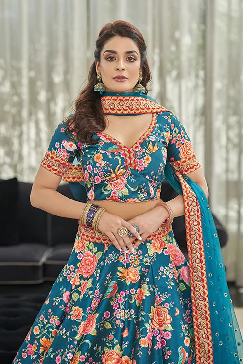 Teal Blue Art Silk Digital Print With Sequins Lehenga Choli
