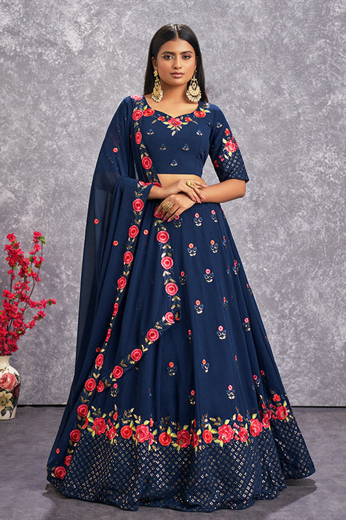 Teal Blue Georgette Sequins Lehenga Choli Set