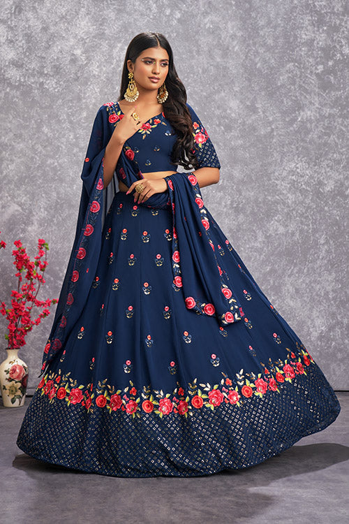 Teal Blue Georgette Sequins Lehenga Choli Set