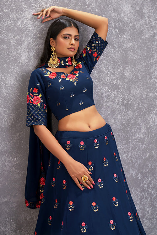 Teal Blue Georgette Sequins Lehenga Choli Set