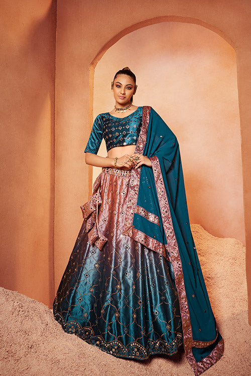 Teal Blue Velvet Sequins Embroidery Work Lehenga Choli
