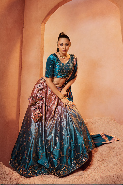 Teal Blue Velvet Sequins Embroidery Work Lehenga Choli