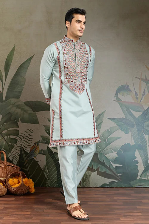 Traditional Sky Blue Embroidered Kurta Pajama Set