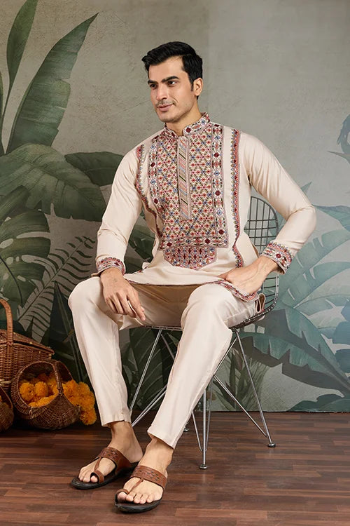 Classic Ivory Embroidered Kurta Pajama for Men