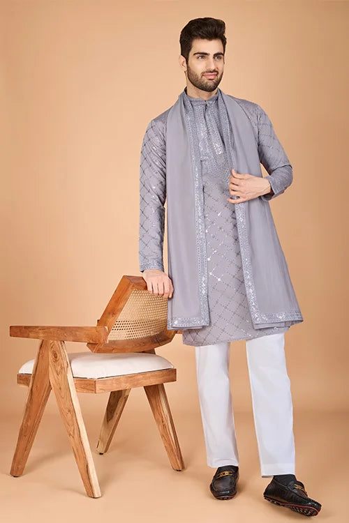 Designer Grey Viscose Silk Men's Kurta – Elegant Wedding Attire