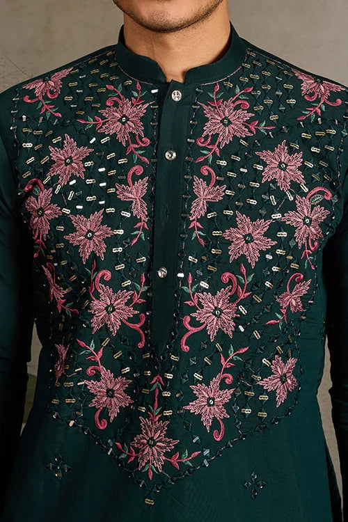 Party Look Green Mirror Embroidered Kurta Set for Men