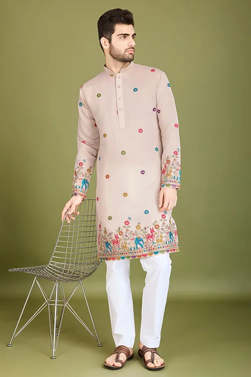 Ivory Viscose Silk Men's Kurta with Thread Work