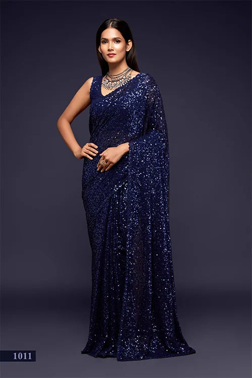 Blush Blue Heavy Georgette Saree With Sequins Embroidery Work