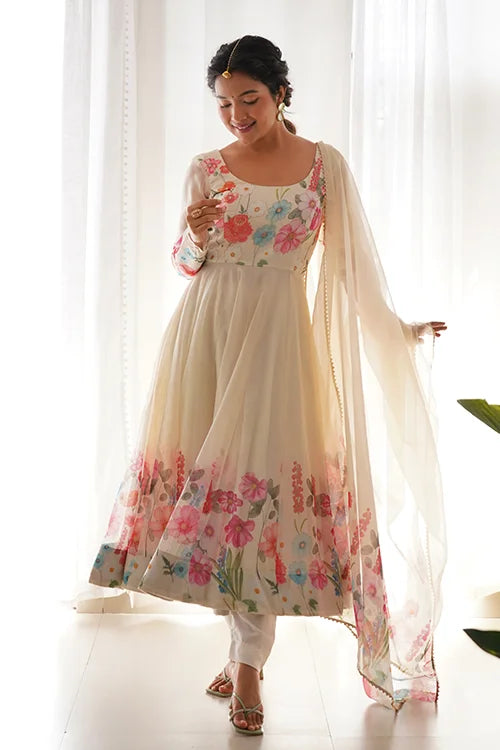 Cream Floral Printed Organza Anarkali Suit Set Collection