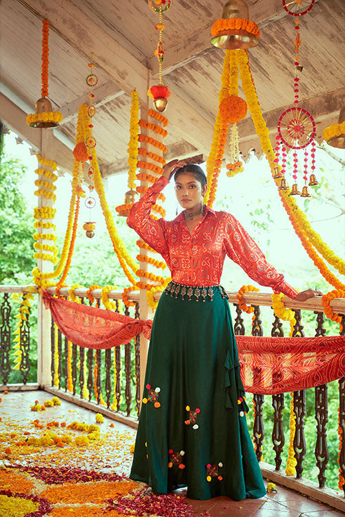 Tomato Red Gajji Silk Prined Work Navratri Crop-Top Skirt
