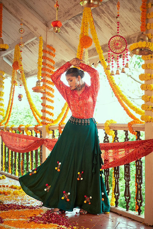 Tomato Red Gajji Silk Prined Work Navratri Crop-Top Skirt