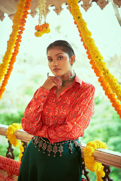 Tomato Red Gajji Silk Prined Work Navratri Crop-Top Skirt