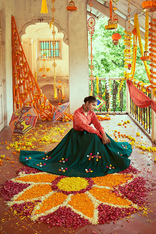 Tomato Red Gajji Silk Prined Work Navratri Crop-Top Skirt