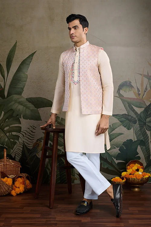 Traditional Beige Kurta Set with Koti Jacket