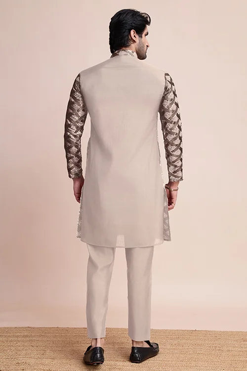 Stylish Beige Men's Kurta with Intricate Thread Detailing