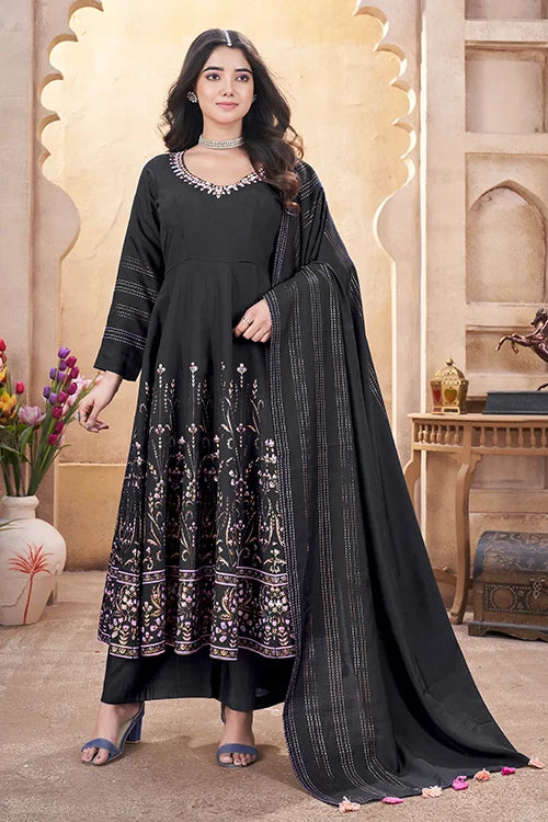 Black Multi Color Foil Work Wedding Salwar Suit