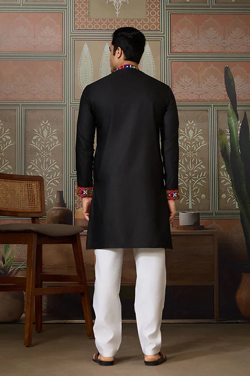 Black Cotton Silk Traditional Ready Kurta for Navratri