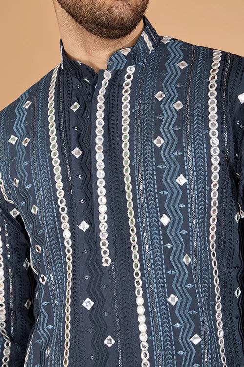 Grey Sequence with Mirror Foil Embroidered Mens Wear Kurta