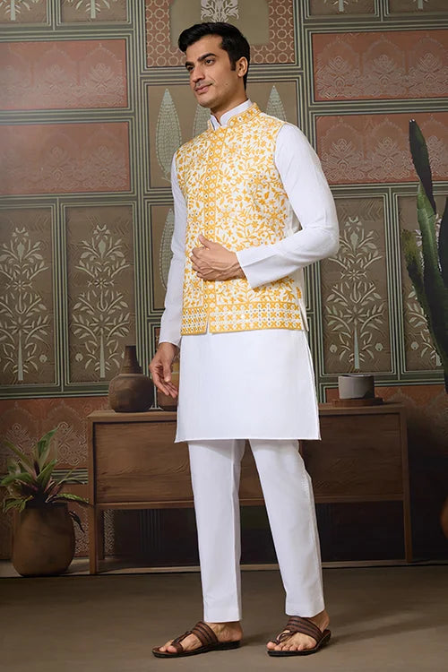 Haldi Special Yellow Koti with White Kurta for Mens