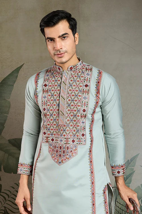 Traditional Sky Blue Embroidered Kurta Pajama Set