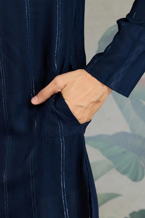 Elegant Navy Blue Mens Wear Kurta Set with Dupatta