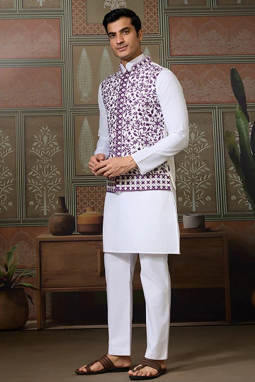 Classic White Mens Kurta Pajama With Stylish Purple Koti