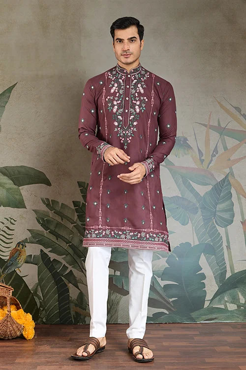 Embroidered Pastel Chocolate Kurta for Men Wear
