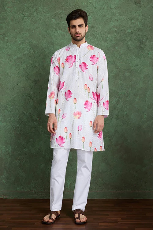 Buy Ethnic Style White & Pink Designer Kurta for Men