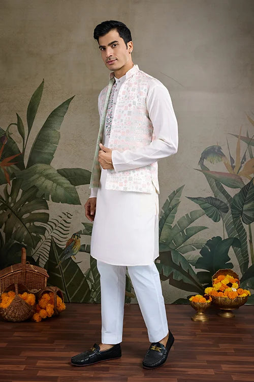 Off-White Roman Silk Kurta with Jacquard Open Koti Set