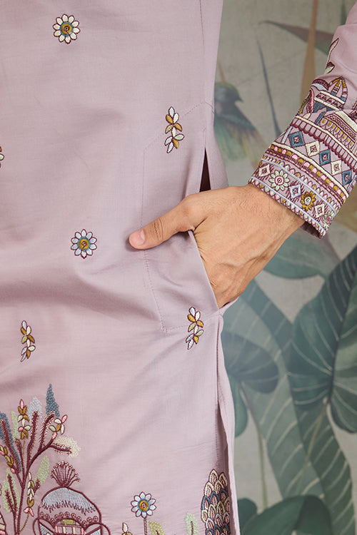 Premium Dusty Pink Color Embroidered Kurta With Pajama Set For Men