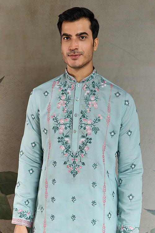 Sky Color Embroidered Kurta Pajama For Men