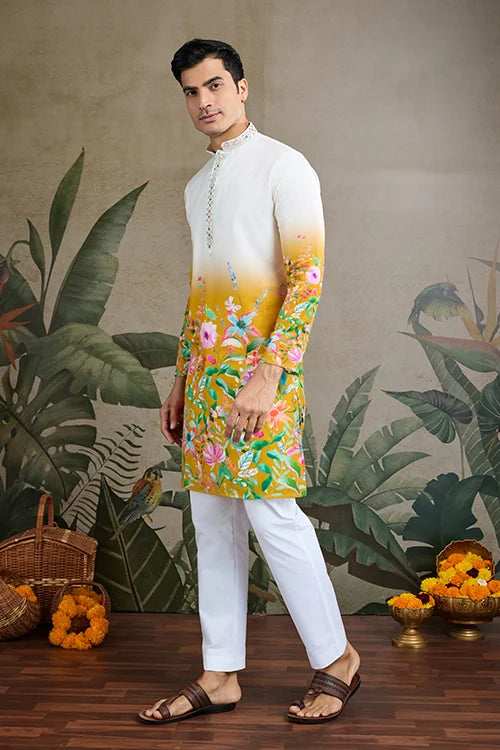 Printed with Hand Mirror Work Kurta for Mens