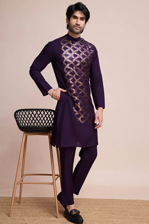 Stylish Purple Men's Kurta With Intricate Thread Detailing