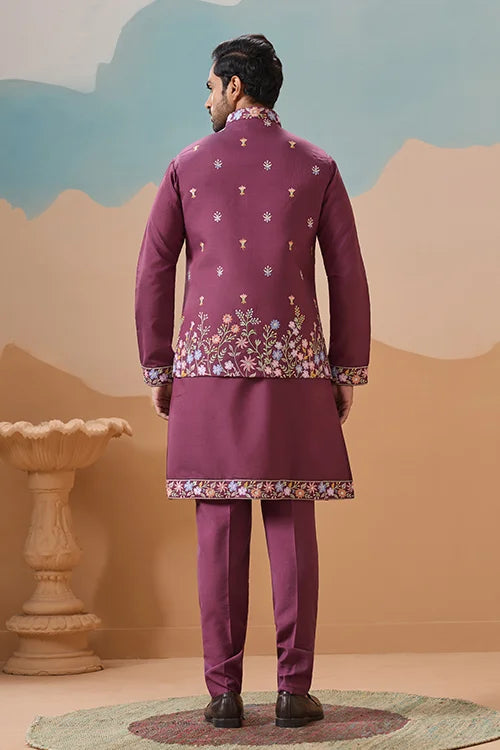 Dusty Color Embroidered Koti Kurta with Pant for Mens