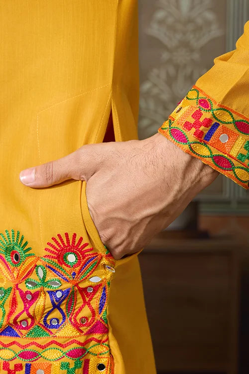 Classic Yellow Cotton Mens Ready to Wear Kurta for Navratri