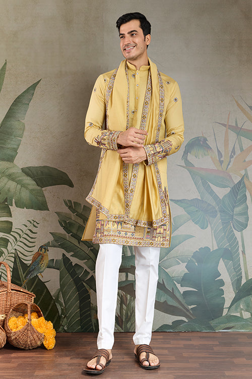 Haldi Special Yellow Embroidered Kurta Pajama Set For Men