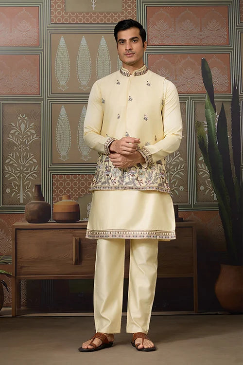 Haldi Special Light Yellow Koti Kurta Set for Mens Wear