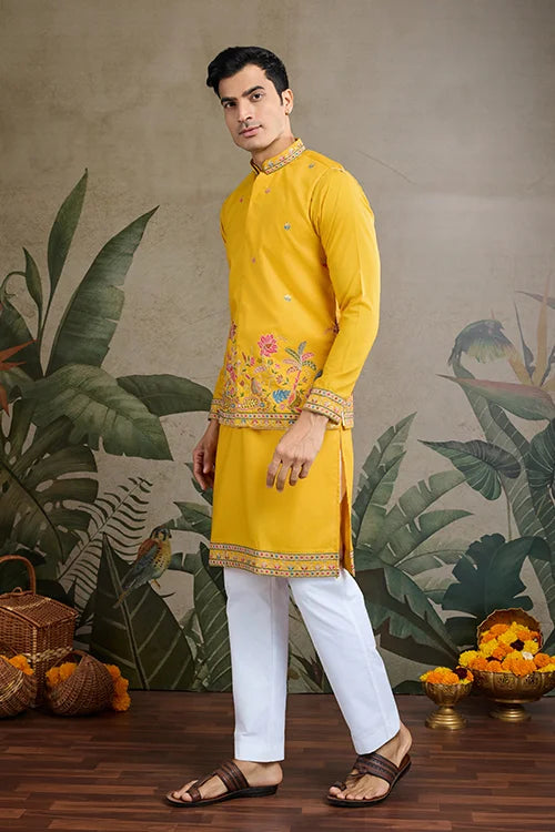 Designer Yellow Cotton Kurta with Koti Jacket Online