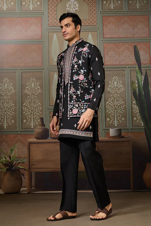 Black Mens Kurta with Stylish Koti for Wedding Wear
