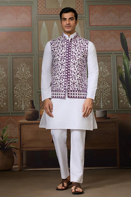 Classic White Mens Kurta Pajama With Stylish Purple Koti